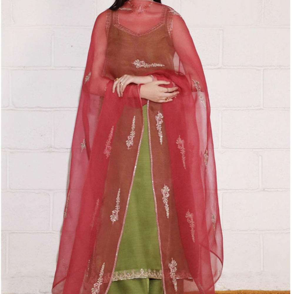 Elegant Red and Green Embroidered Dress
